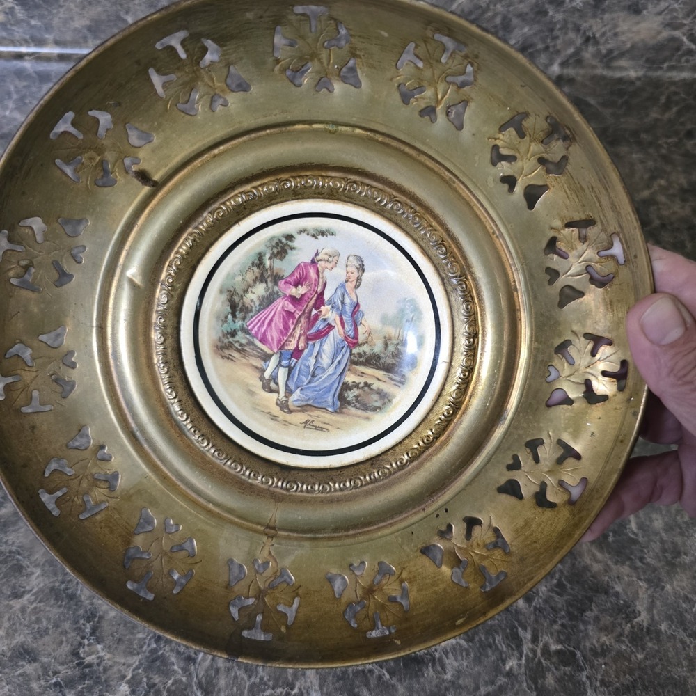 Vintage Regency Bone China Wall Decor Plate Mounted in Brass Filigree Frame 8"